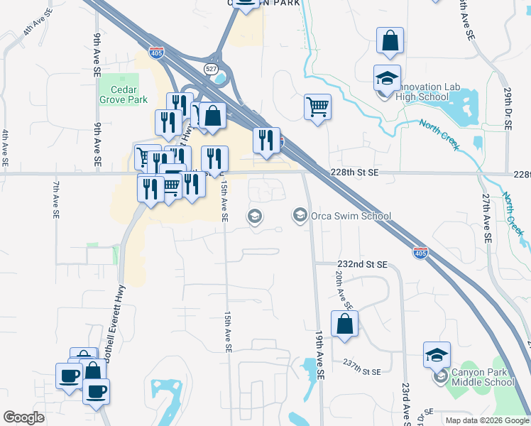 map of restaurants, bars, coffee shops, grocery stores, and more near 1630 228th Street Southeast in Bothell