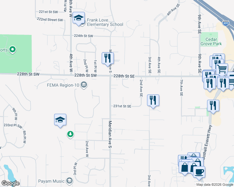 map of restaurants, bars, coffee shops, grocery stores, and more near 22911 Meridian Avenue South in Bothell