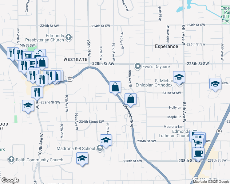 map of restaurants, bars, coffee shops, grocery stores, and more near 23014 Washington 104 in Edmonds