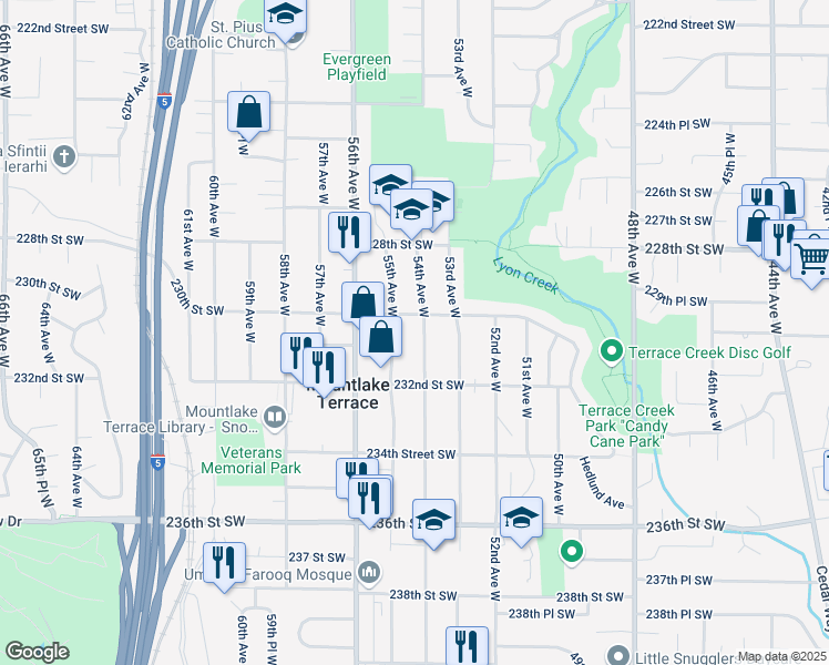 map of restaurants, bars, coffee shops, grocery stores, and more near 23006 54th Avenue West in Mountlake Terrace