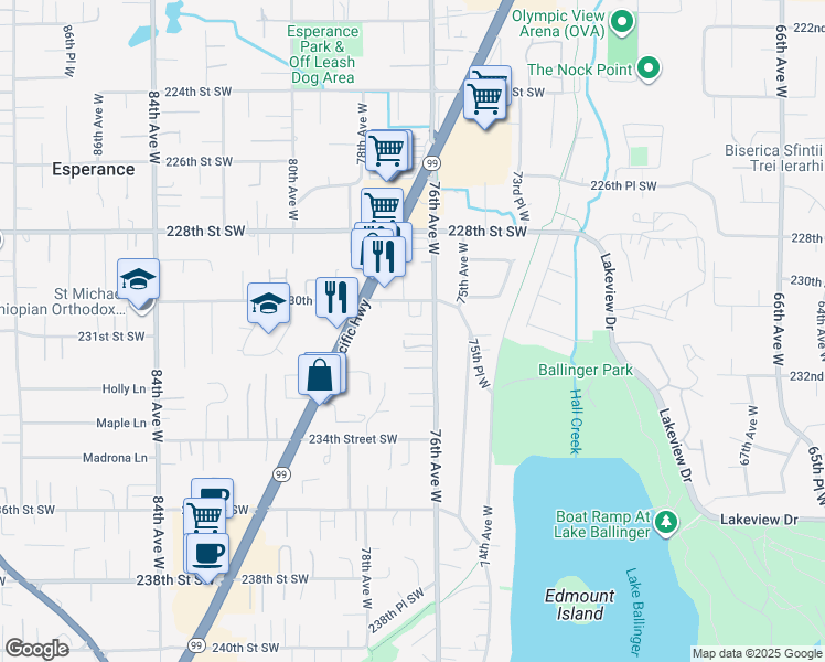 map of restaurants, bars, coffee shops, grocery stores, and more near 23031 Highway 99 in Edmonds