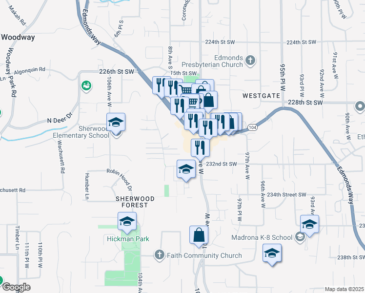 map of restaurants, bars, coffee shops, grocery stores, and more near 23029 102nd Place West in Edmonds