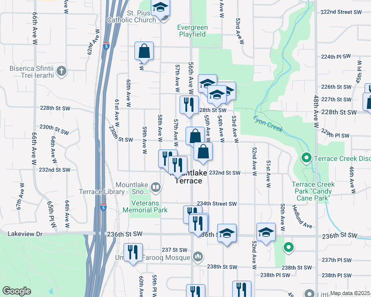 map of restaurants, bars, coffee shops, grocery stores, and more near 23000 56th Avenue West in Mountlake Terrace