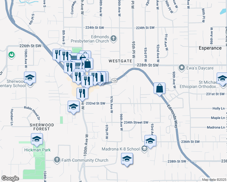 map of restaurants, bars, coffee shops, grocery stores, and more near 23027 97th Avenue West in Edmonds