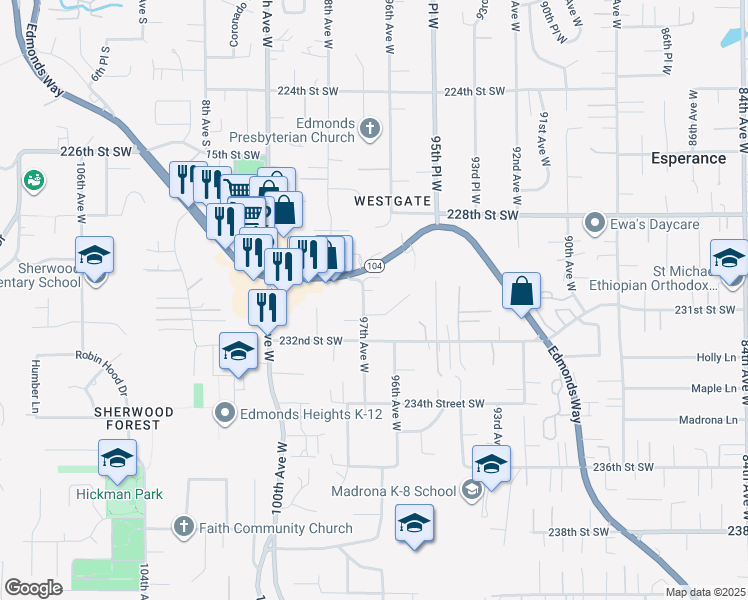 map of restaurants, bars, coffee shops, grocery stores, and more near 23027 97th Avenue West in Edmonds