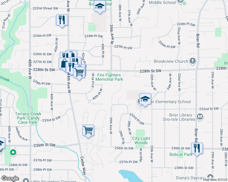 map of restaurants, bars, coffee shops, grocery stores, and more near 23010 39th Avenue West in Brier