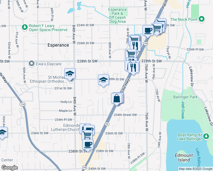 map of restaurants, bars, coffee shops, grocery stores, and more near 23024 80th Place West in Edmonds