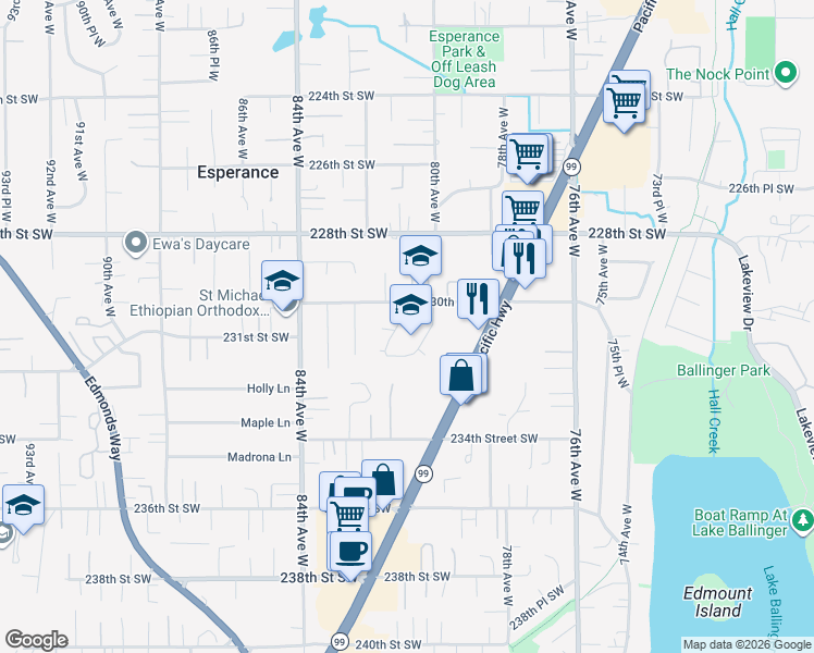 map of restaurants, bars, coffee shops, grocery stores, and more near 23024 80th Place West in Edmonds