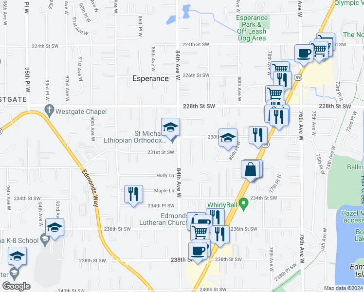 map of restaurants, bars, coffee shops, grocery stores, and more near 23019 84th Avenue West in Edmonds