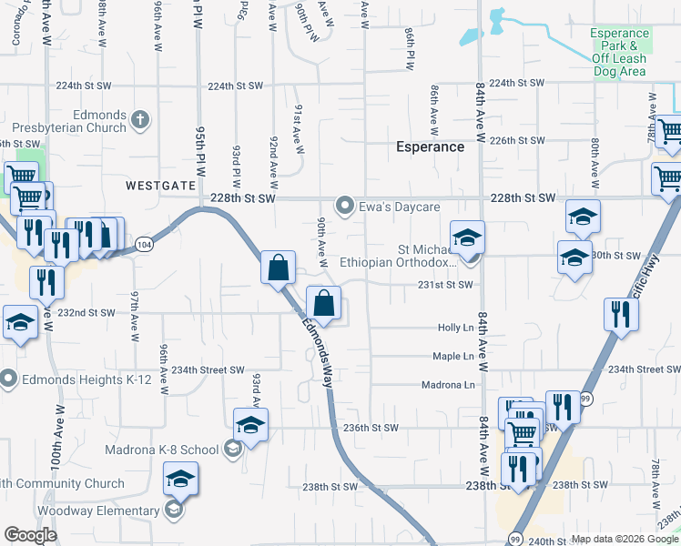 map of restaurants, bars, coffee shops, grocery stores, and more near 23015 90th Avenue West in Edmonds
