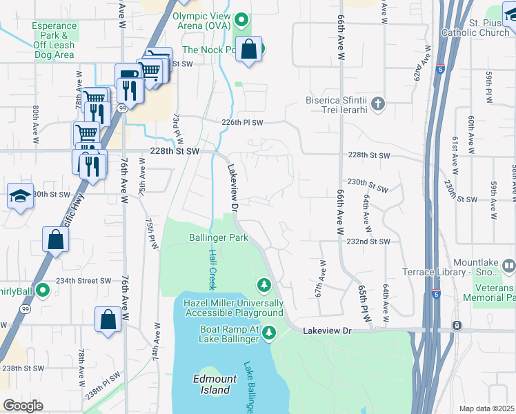 map of restaurants, bars, coffee shops, grocery stores, and more near 23003 Lakeview Drive in Mountlake Terrace