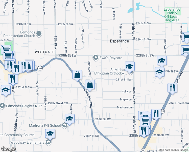 map of restaurants, bars, coffee shops, grocery stores, and more near 23015 90th Avenue West in Edmonds