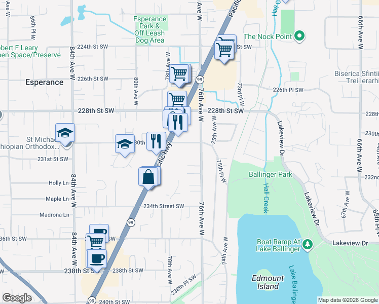 map of restaurants, bars, coffee shops, grocery stores, and more near 23031 Highway 99 in Edmonds