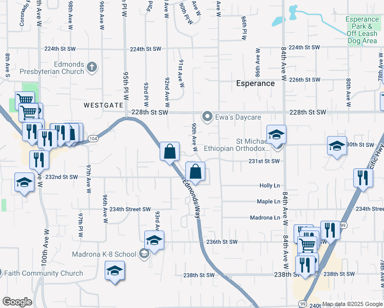map of restaurants, bars, coffee shops, grocery stores, and more near 22910 90th Avenue West in Edmonds
