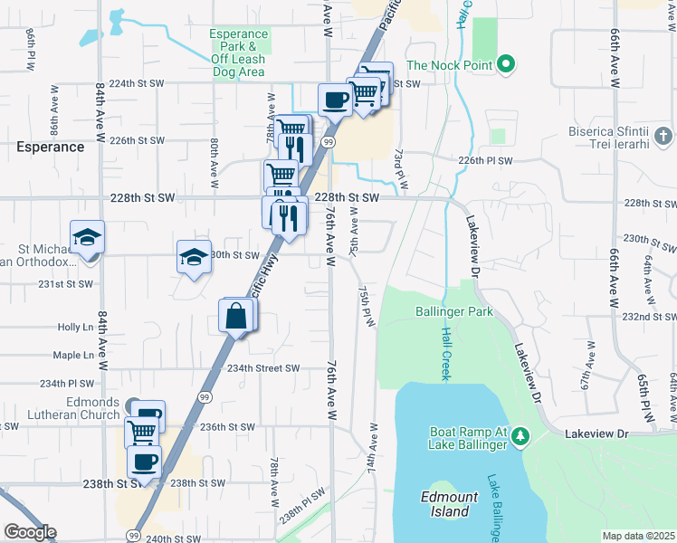 map of restaurants, bars, coffee shops, grocery stores, and more near 23017 76th Avenue West in Edmonds