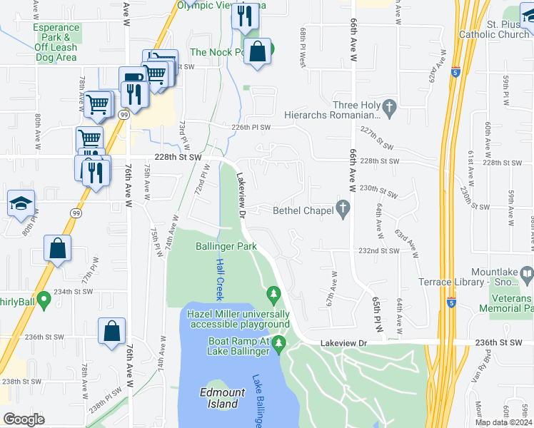 map of restaurants, bars, coffee shops, grocery stores, and more near 23003 Lakeview Drive in Mountlake Terrace