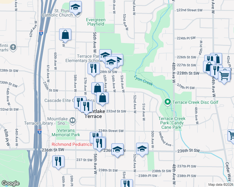map of restaurants, bars, coffee shops, grocery stores, and more near 5308 230th Street Southwest in Mountlake Terrace