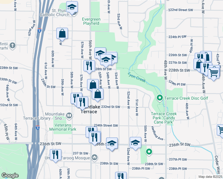 map of restaurants, bars, coffee shops, grocery stores, and more near 5308 230th Street Southwest in Mountlake Terrace