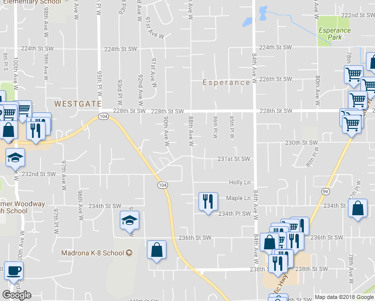 map of restaurants, bars, coffee shops, grocery stores, and more near 8807 231st Street Southwest in Edmonds
