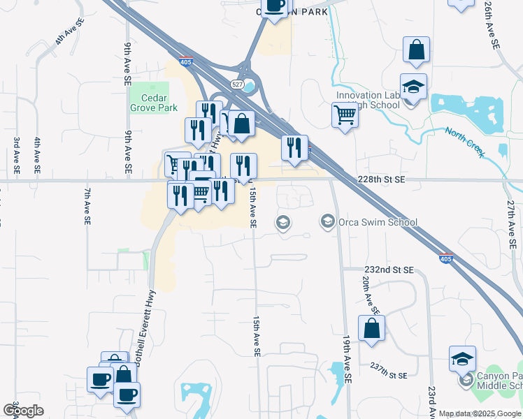 map of restaurants, bars, coffee shops, grocery stores, and more near 22911 15th Avenue Southeast in Bothell