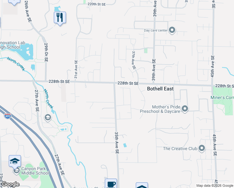 map of restaurants, bars, coffee shops, grocery stores, and more near 22906 36th Avenue Southeast in Bothell