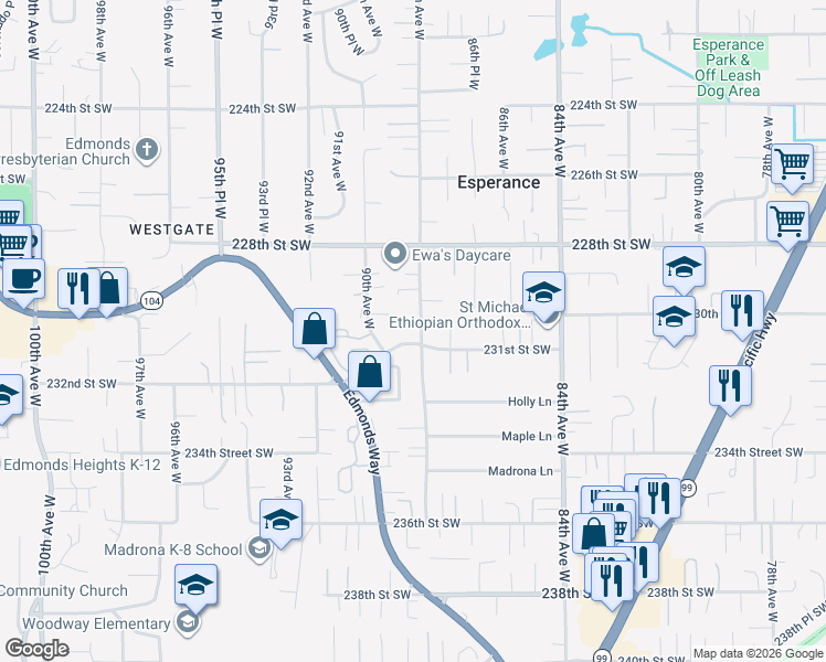 map of restaurants, bars, coffee shops, grocery stores, and more near 8807 231st Street Southwest in Edmonds