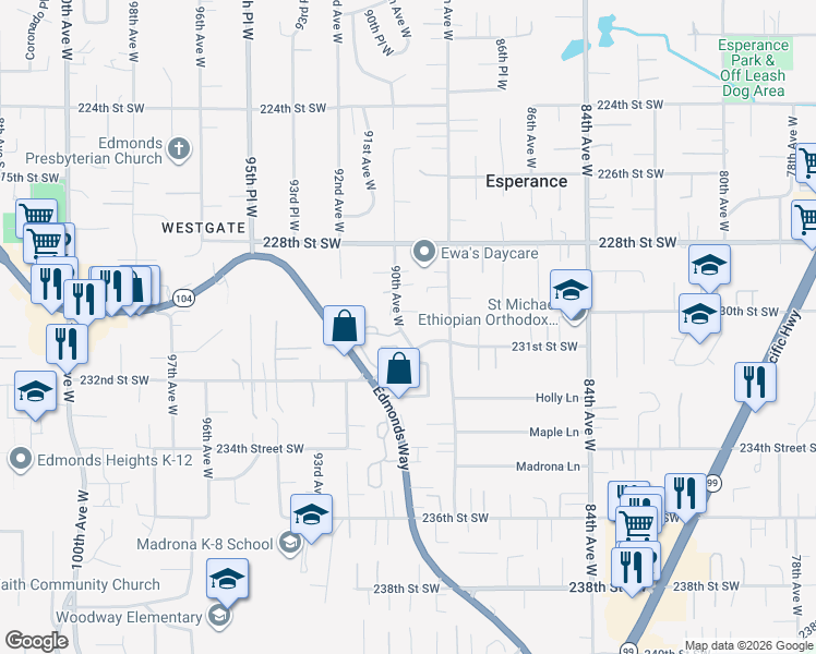map of restaurants, bars, coffee shops, grocery stores, and more near 23015 90th Avenue West in Edmonds