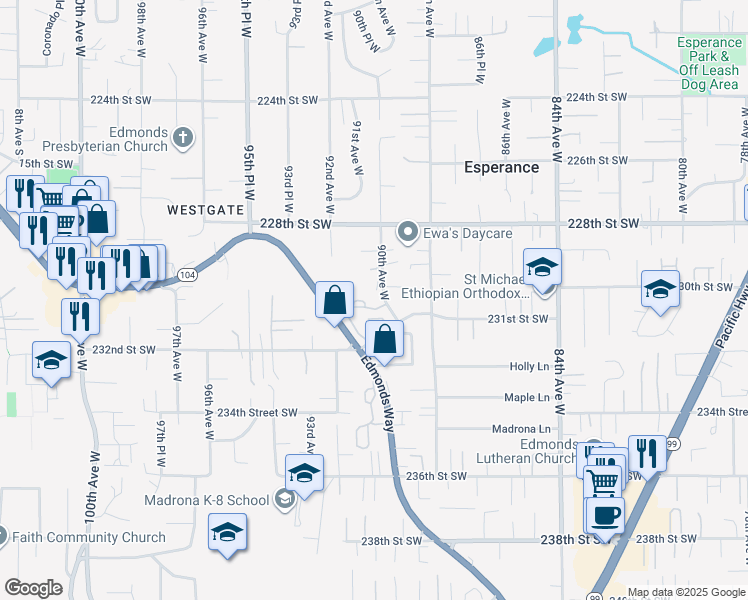 map of restaurants, bars, coffee shops, grocery stores, and more near 3 90th Avenue West in Edmonds