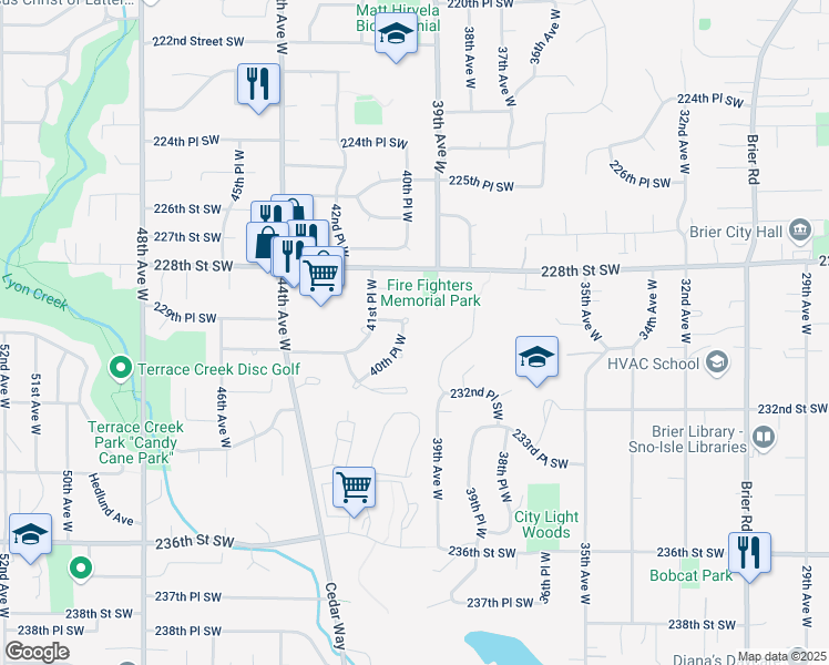 map of restaurants, bars, coffee shops, grocery stores, and more near 22905 40th Place West in Mountlake Terrace