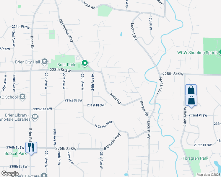map of restaurants, bars, coffee shops, grocery stores, and more near 23019 Atlas Road in Bothell