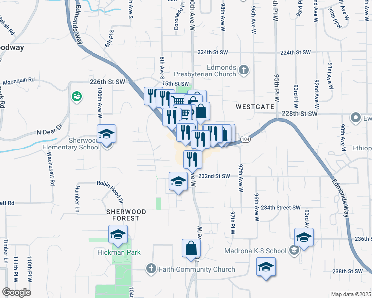 map of restaurants, bars, coffee shops, grocery stores, and more near 10016 Edmonds Way in Edmonds
