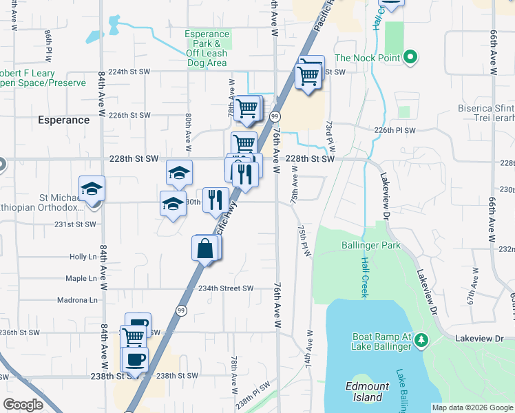 map of restaurants, bars, coffee shops, grocery stores, and more near 23031 Highway 99 in Edmonds