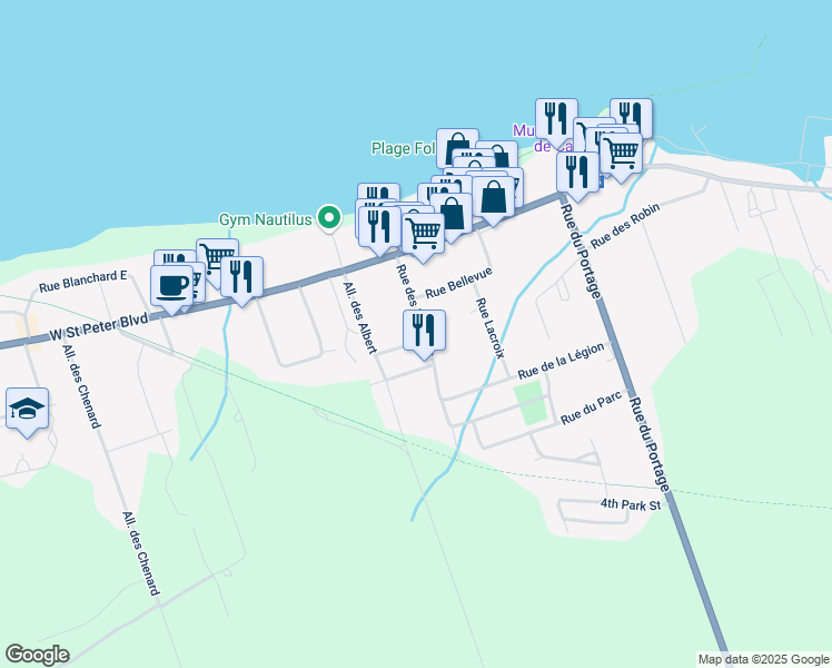 map of restaurants, bars, coffee shops, grocery stores, and more near 18 Rue des Patriotes in Caraquet