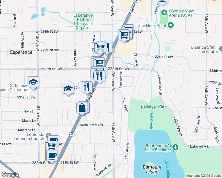 map of restaurants, bars, coffee shops, grocery stores, and more near 23017 76th Avenue West in Edmonds