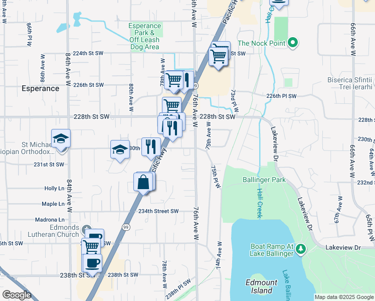 map of restaurants, bars, coffee shops, grocery stores, and more near 23017 76th Avenue West in Edmonds