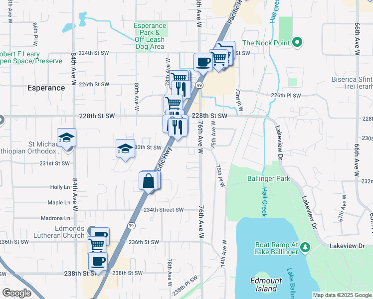 map of restaurants, bars, coffee shops, grocery stores, and more near 23031 Highway 99 in Edmonds