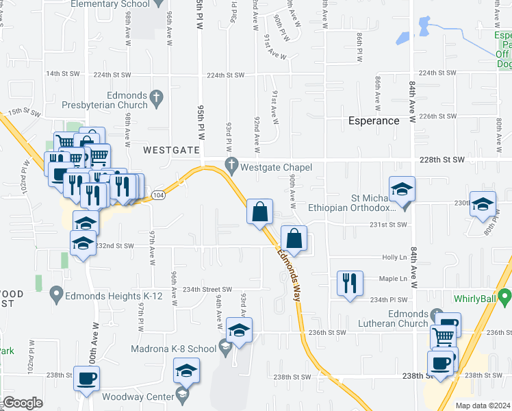 map of restaurants, bars, coffee shops, grocery stores, and more near 23014 Washington 104 in Edmonds