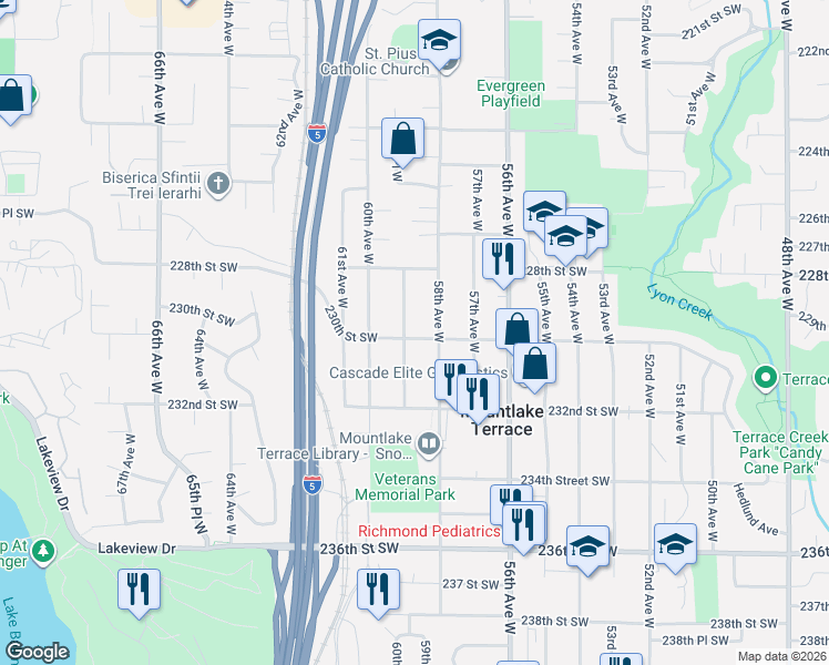 map of restaurants, bars, coffee shops, grocery stores, and more near 22909 59th Avenue West in Mountlake Terrace