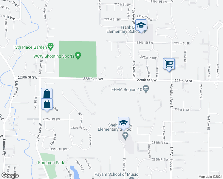 map of restaurants, bars, coffee shops, grocery stores, and more near 600 228th Street Southwest in Bothell