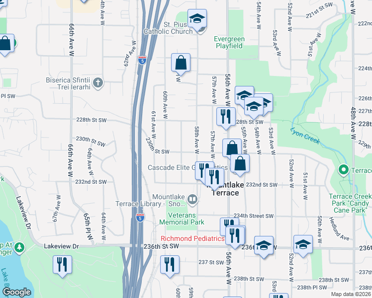 map of restaurants, bars, coffee shops, grocery stores, and more near 22909 59th Avenue West in Mountlake Terrace
