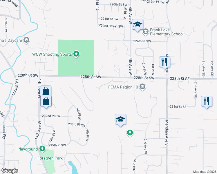 map of restaurants, bars, coffee shops, grocery stores, and more near 600 228th Street Southwest in Bothell