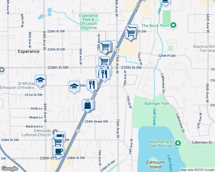 map of restaurants, bars, coffee shops, grocery stores, and more near 23031 Highway 99 in Edmonds