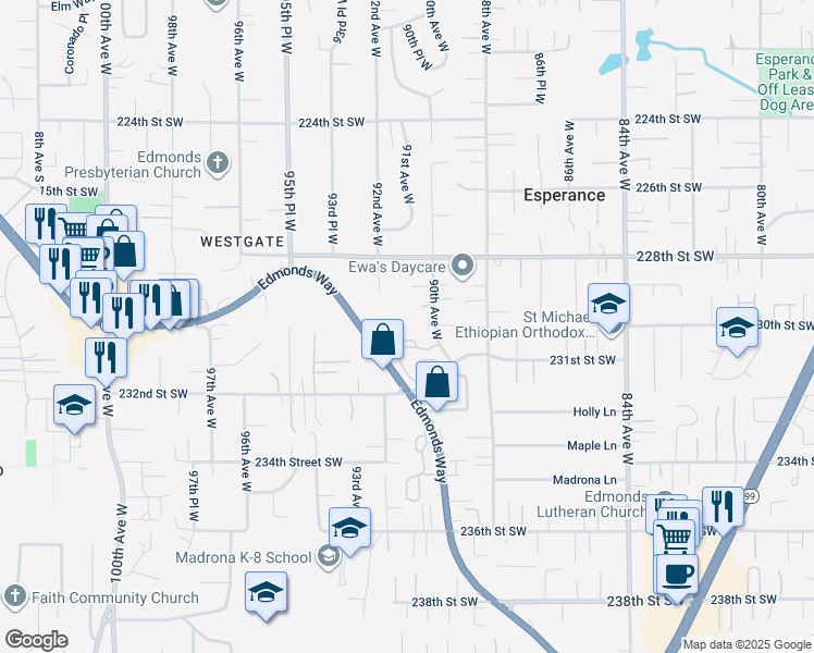 map of restaurants, bars, coffee shops, grocery stores, and more near 3 90th Avenue West in Edmonds