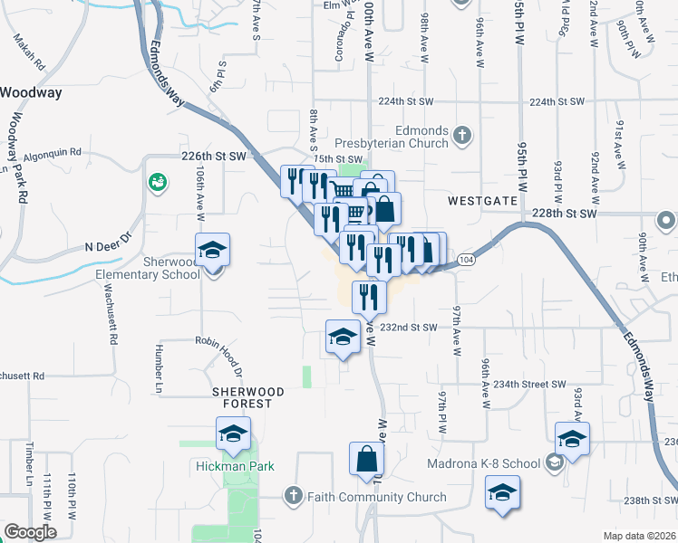 map of restaurants, bars, coffee shops, grocery stores, and more near 23029 102nd Place West in Edmonds