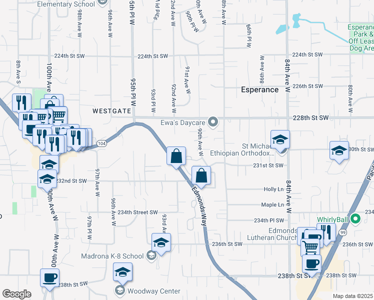 map of restaurants, bars, coffee shops, grocery stores, and more near 23015 Edmonds Way in Edmonds