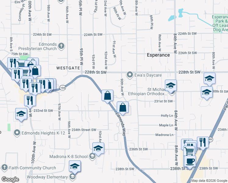 map of restaurants, bars, coffee shops, grocery stores, and more near 3 90th Avenue West in Edmonds