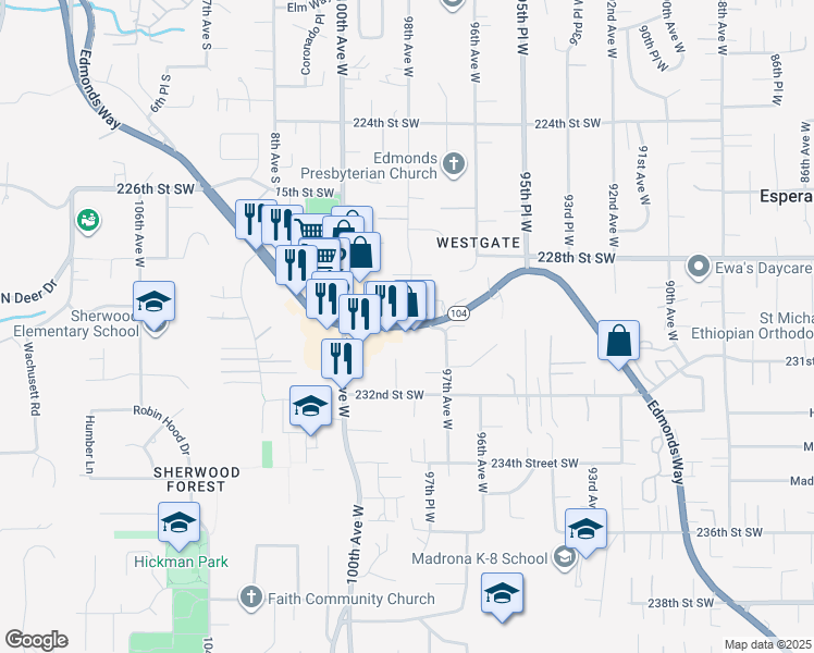 map of restaurants, bars, coffee shops, grocery stores, and more near 9803 Edmonds Way in Edmonds