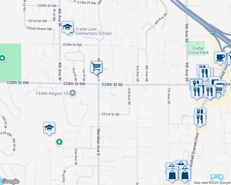 map of restaurants, bars, coffee shops, grocery stores, and more near 103 231st Street Southeast in Bothell