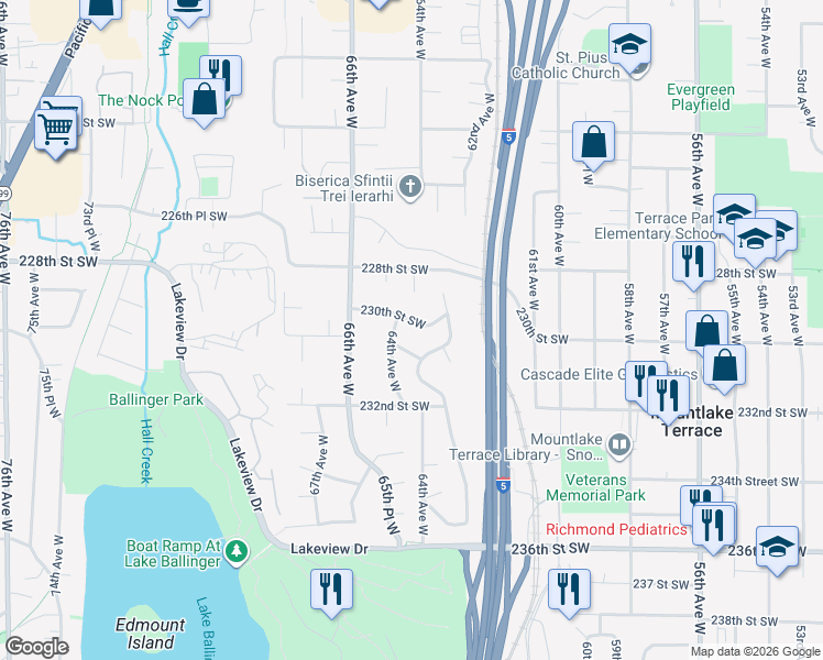 map of restaurants, bars, coffee shops, grocery stores, and more near 6310 230th Street Southwest in Mountlake Terrace