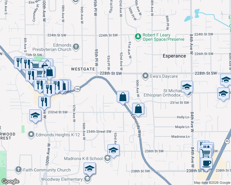 map of restaurants, bars, coffee shops, grocery stores, and more near 23014 Washington 104 in Edmonds